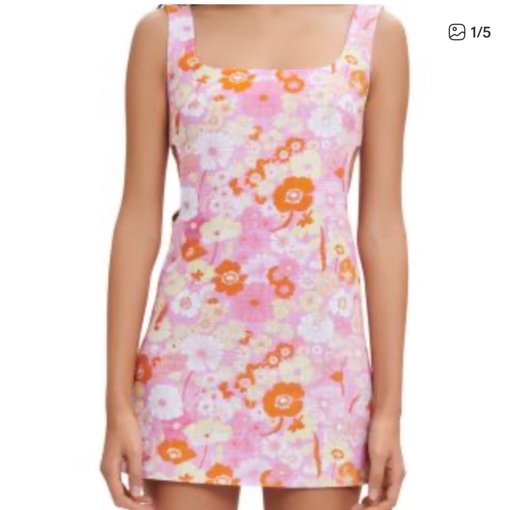 Maje Pink Floral Mini Dress with Orange Accents - Size 38